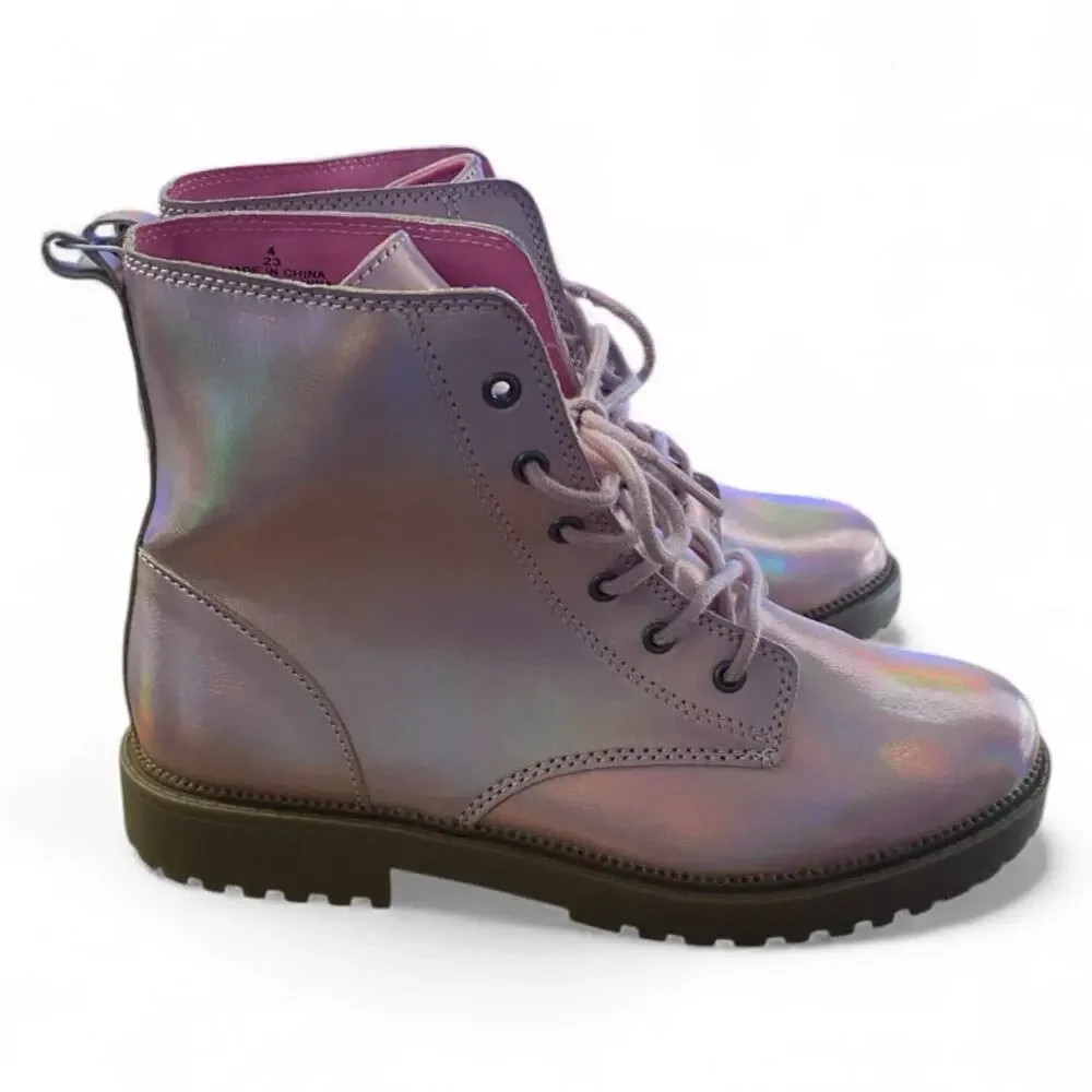 Old Navy Girls Combat Boots Size 4 Shimmer Pink Metallic Lace Up Girl Glam NEW
